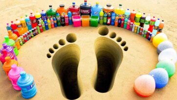 Mystery Giant Footprints in Sand Surrounded by Colorful Toys for Kids Fun
