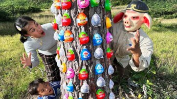 Magic Surprise Eggs on the Tree Adventure with Funny Mask and Kids