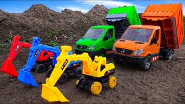 Toy Construction Trucks Digging and Dumping Sand Fun for Kids